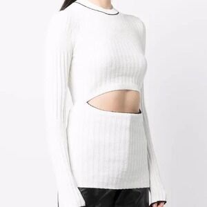 Proenza Schouler‎ White Label Ribbed Cutout Sweater White Black Contrast Medium